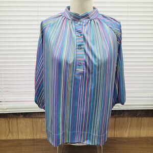VTG 70s Lewmar Creations Womens Puff 3/4 Sleeve MultiColor Striped Shirt Blouse
